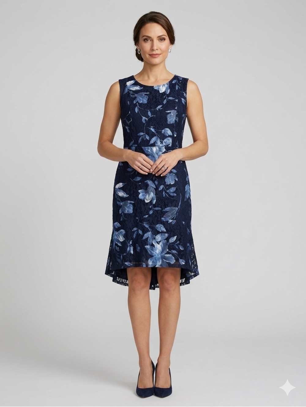 Enfocus‎ Studio sleeveless, scoop-neck floral lace sheath High-Low Dress